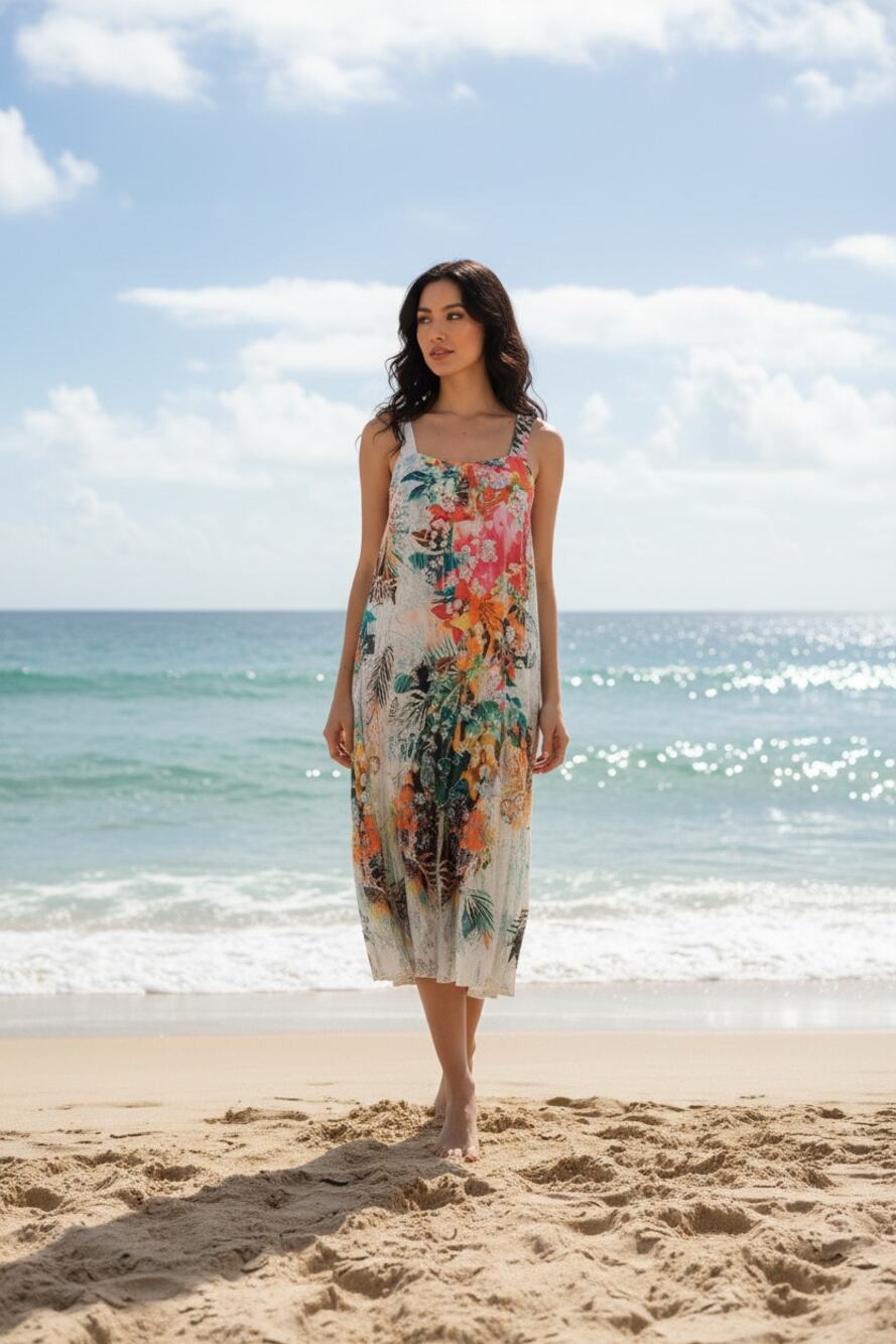 Origami Tropical and Silver Metallic Flowers Dress Small